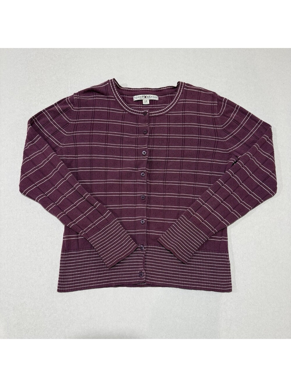 Tommy Hilfiger Plaid Grid Full Button Cardigan Long Sleeve Plum L Women’s